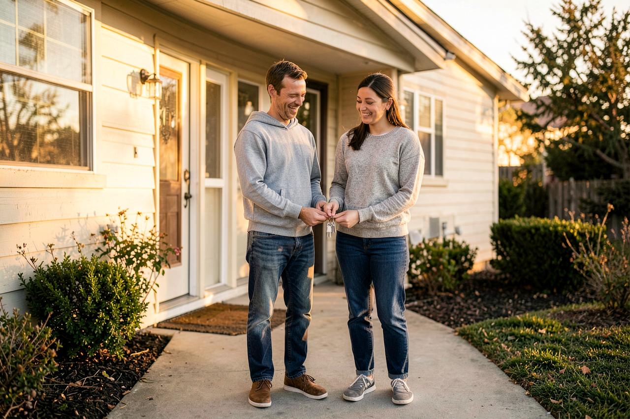 A couple standing outside their new home holding a set of house keys at golden hour