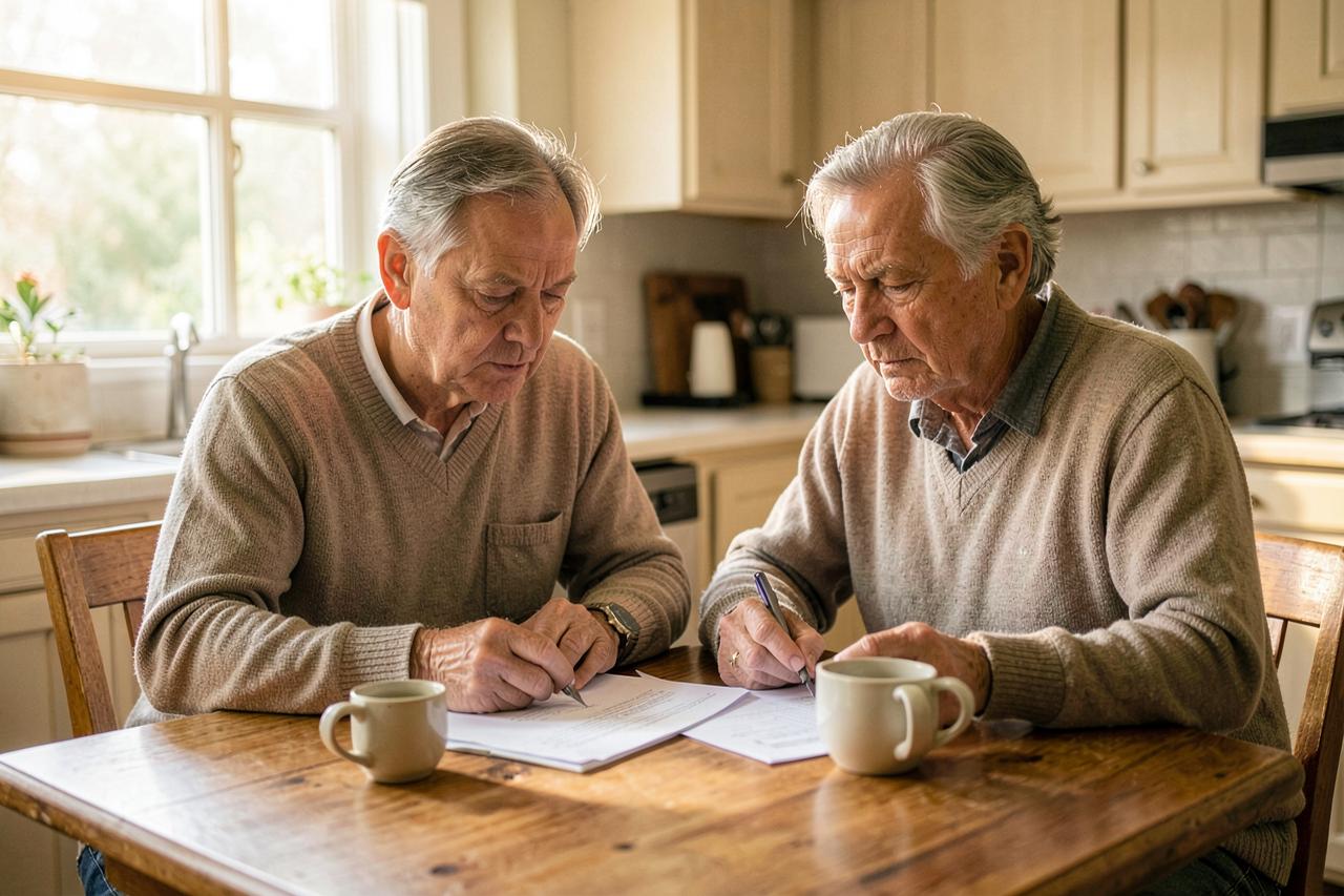 Two homeowners sitting at a kitchen table going through mortgage paperwork with coffee