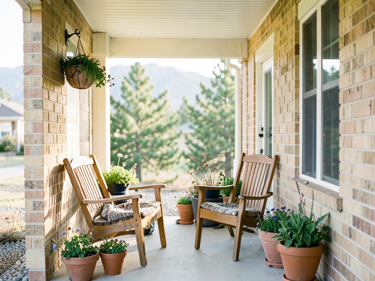 A welcoming front porch on a Colorado home with mountains behind it