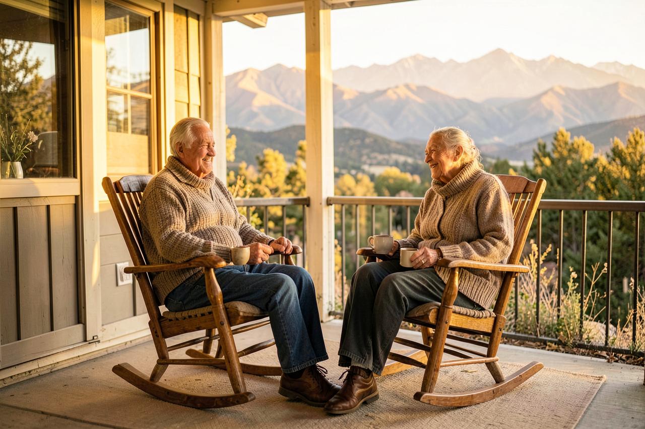 An older couple sitting in rocking chairs on a Colorado porch with coffee and a mountain view