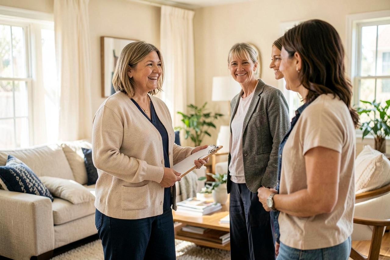 A licensed Realtor talking with clients in the living room of a bright, tidy home