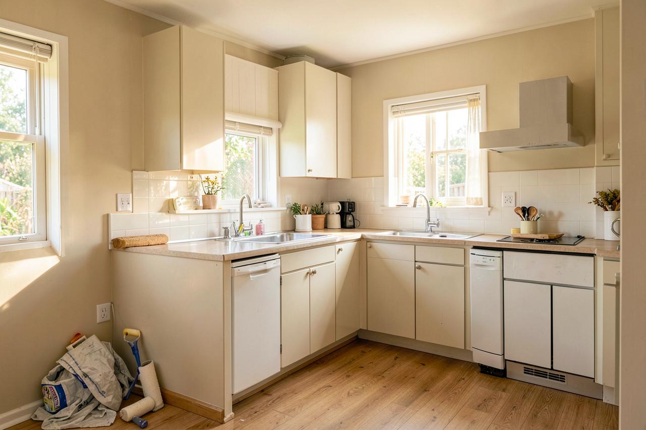 A freshly painted kitchen in a modest home with a paint roller still on the floor