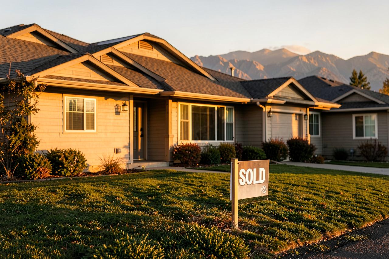 A Colorado house at golden hour with a sold sign in the front yard and mountains behind it